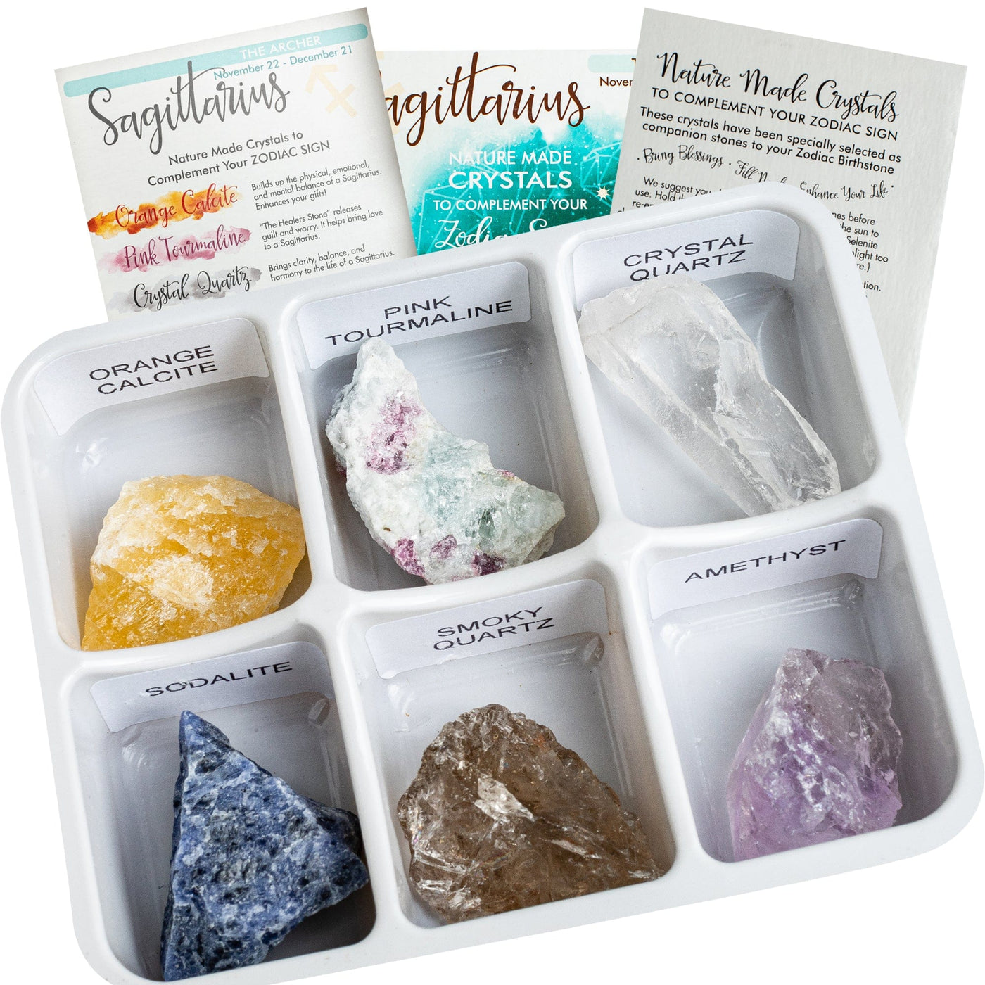 Photo of six crystals contained in the Sagittarius horoscope box.