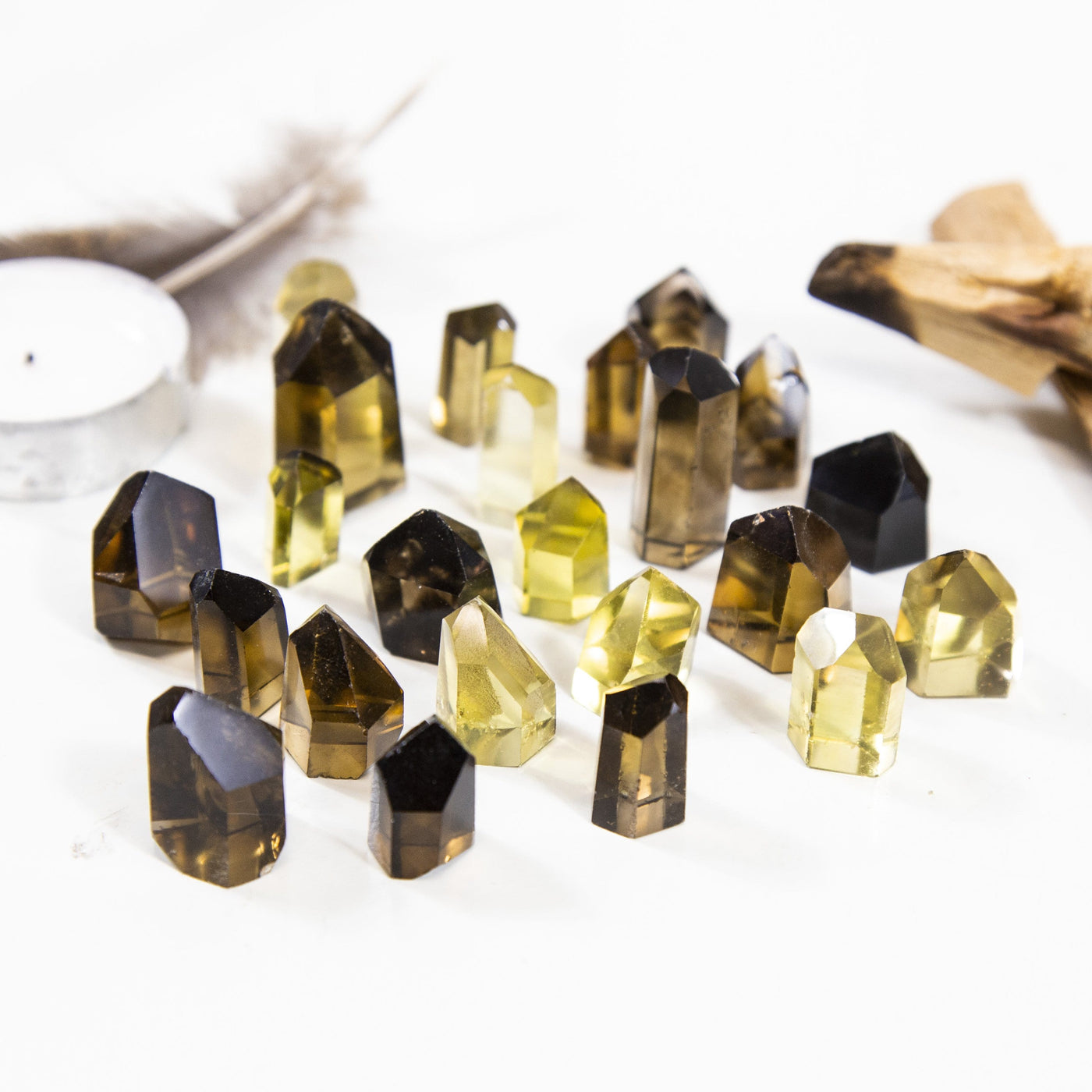 citrine points on a table