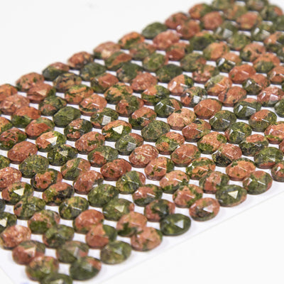 120 Unakite Faceted Cabochons from side view 