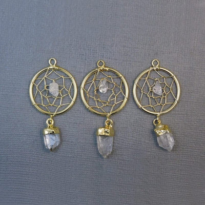 Three gold Petite Dream Catcher Pendant with Crystal Quartz Nugget and Dangling Point