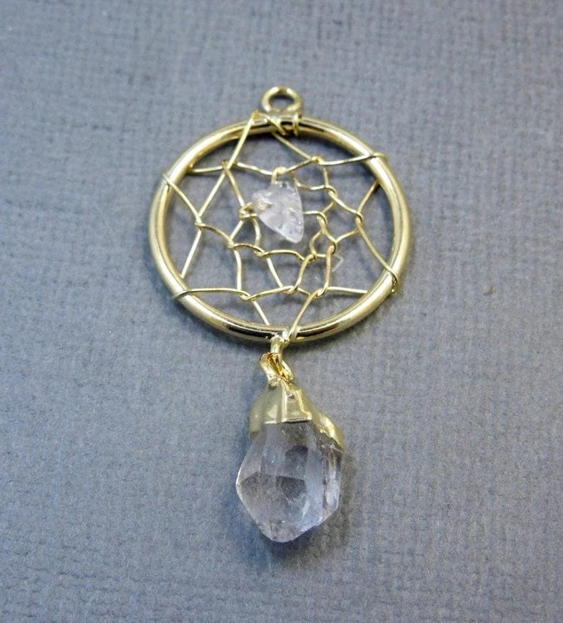 Petite Dream Catcher Pendant with Crystal Quartz Nugget and Dangling Point Close up