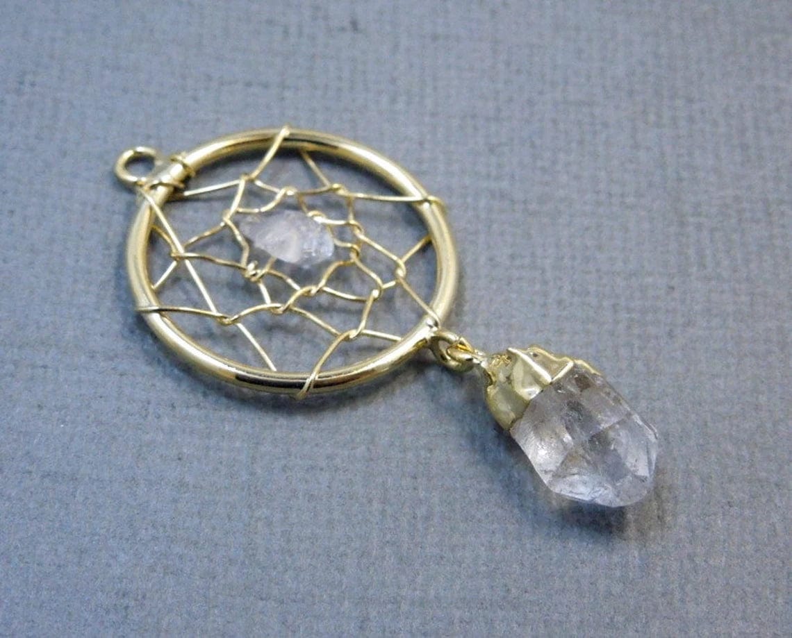 Petite Dream Catcher Pendant with Crystal Quartz Nugget and Dangling Point close up side view