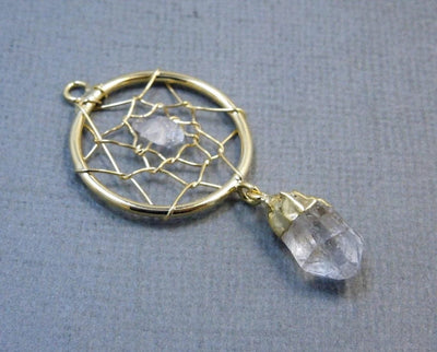 Petite Dream Catcher Pendant with Crystal Quartz Nugget and Dangling Point close up side view