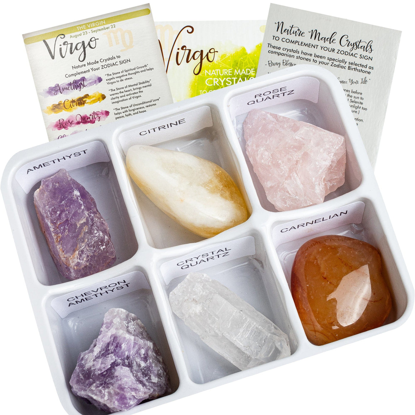 Photo of six crystals contained in the virgo horoscope box.