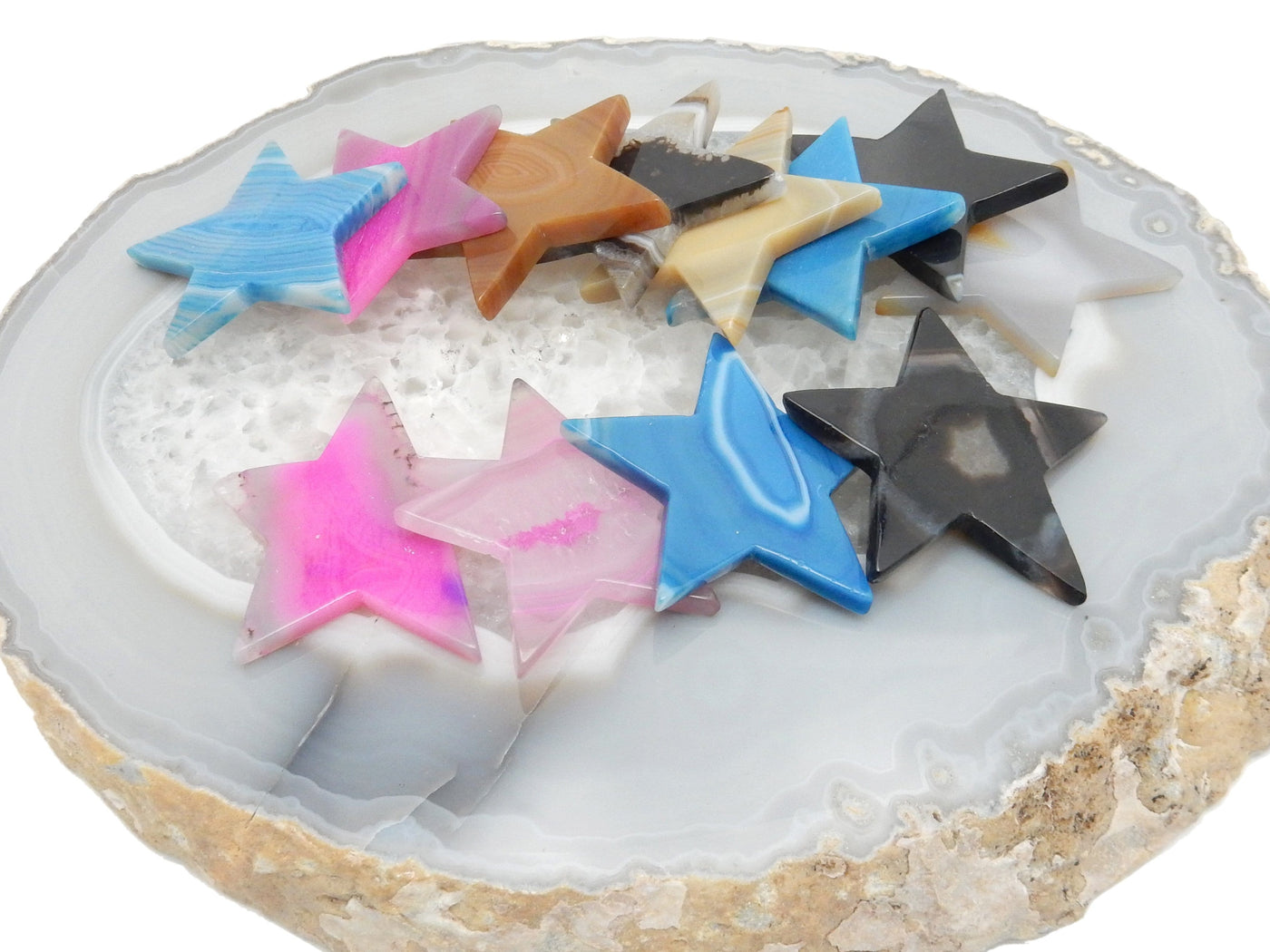 This picture is showing a close up to all the variety of agate stars we have available for this listing.  