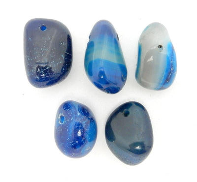 5 Drilled Tumbled Stone Dark Blue Agate Bead on White Background.