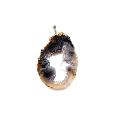 One agate geode druzy pendant on a white background with a silver bail.