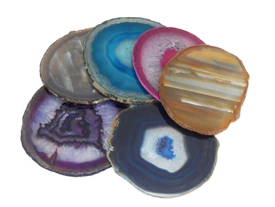 Display Picture of all the colors we have available for  our size 7 agate slices, on a white back ground.