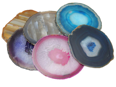 Display Picture of all the colors we have available for our size 7 agate slices, on a white back ground.