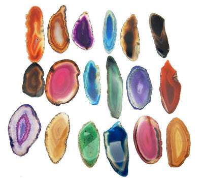 Picture of agates slices being displayed on a white back ground.
