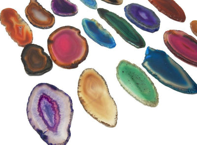 Picture of agates slices being displayed on a white back ground.