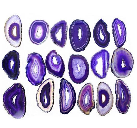 Picture of multiple Purple agate slices extra grade, on white back ground.