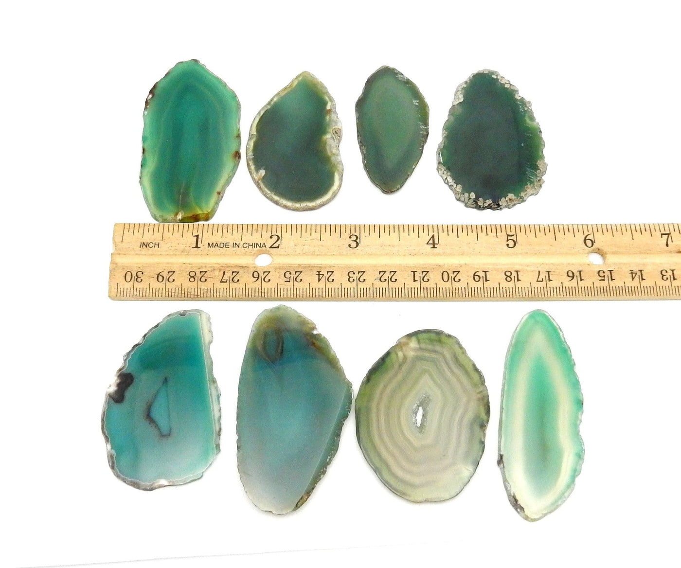 Picture of green agate slices next to ruler for size reference. 