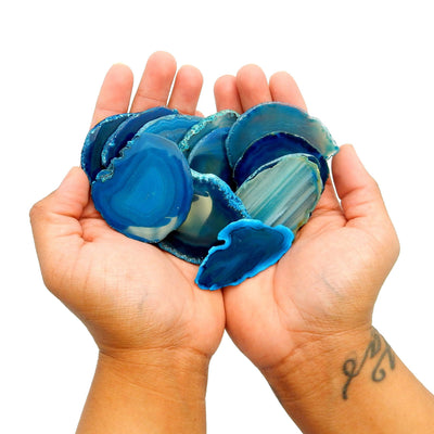 This Picture is showing the blue agate slices being displayed in hands for size refence. 