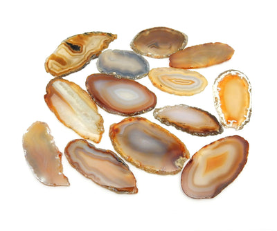 Picture of multiple of our natural agate slices being displayed on a white background. 