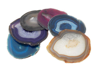 Agate slices size 6 are being displayed on a white back ground.