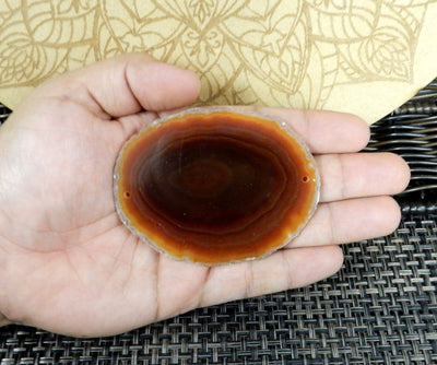 red/orange agate slice being held for size reference.