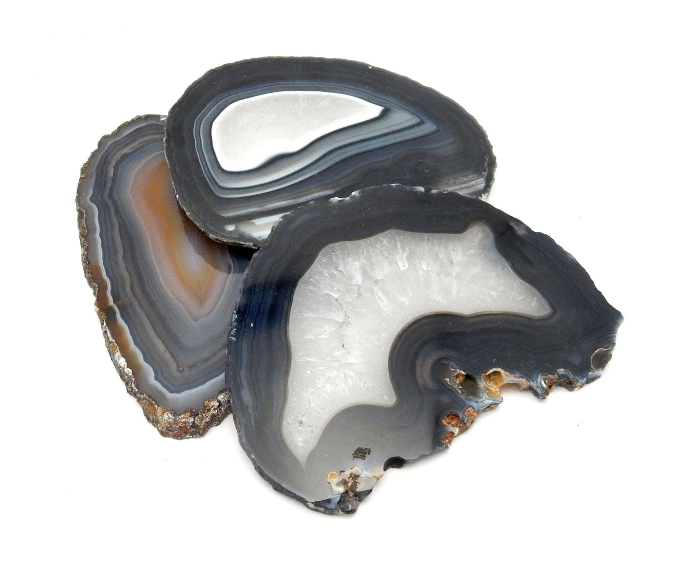 3 Black Agate Slice  Laid out on  white background