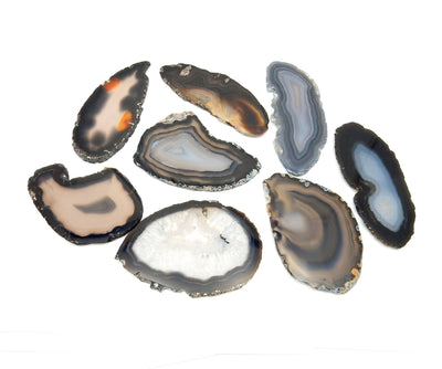 8 black agate slice spread out on white background
