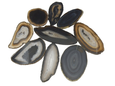 9 Black Agate Slice Coaster spread out on white background