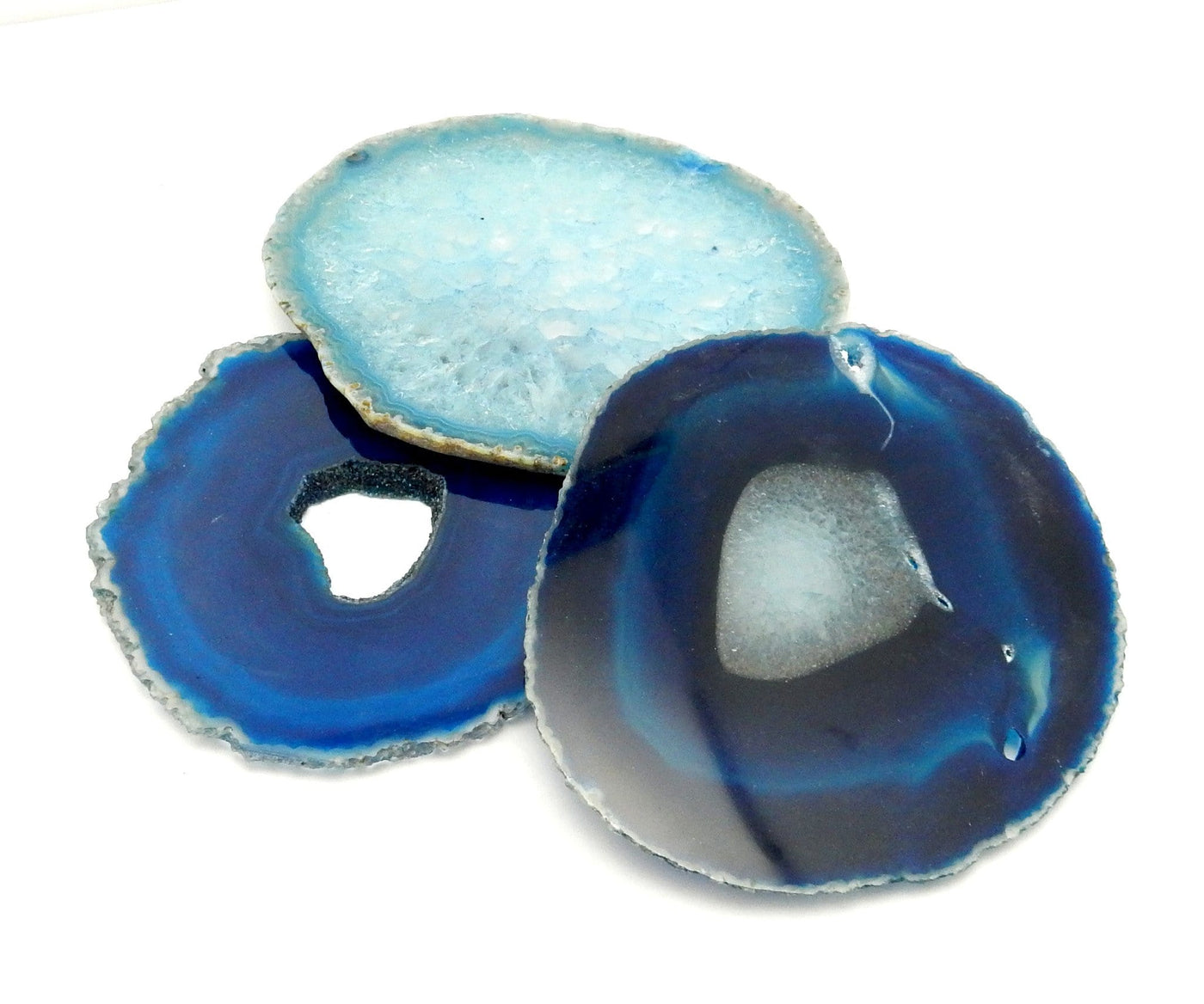 Blue Agate Slices laid out for thickness reference color and pattern variations