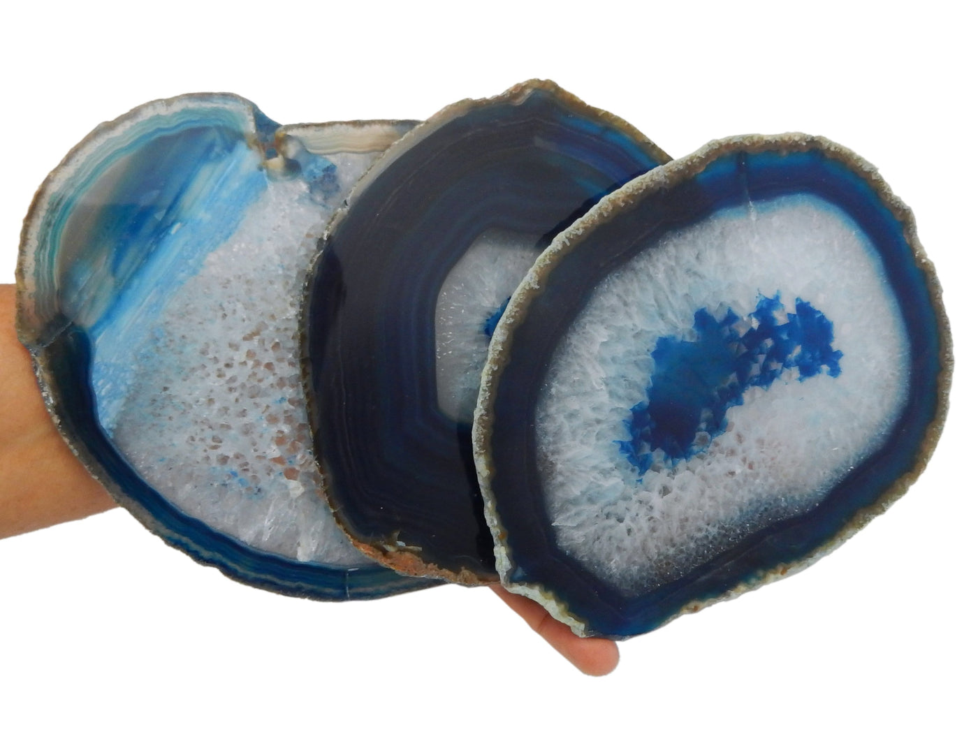 Blue Agate Slice - Agate Slices #7--Front view of tone color and symmetry on hand. 