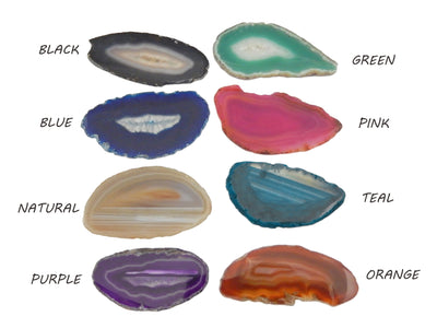 Assorted Color Agate Slices Drilled on White Background.