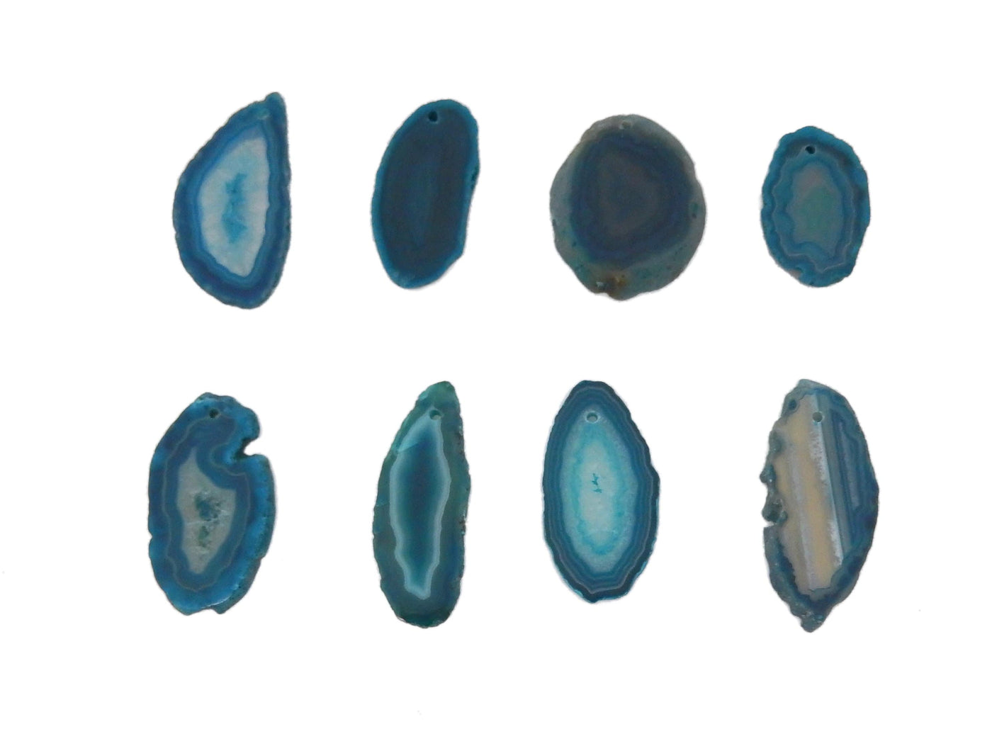 8 Teal Agate Slices Drilled on White Background.