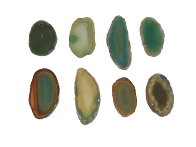 8 Green Agate Slices Drilled on White Background.