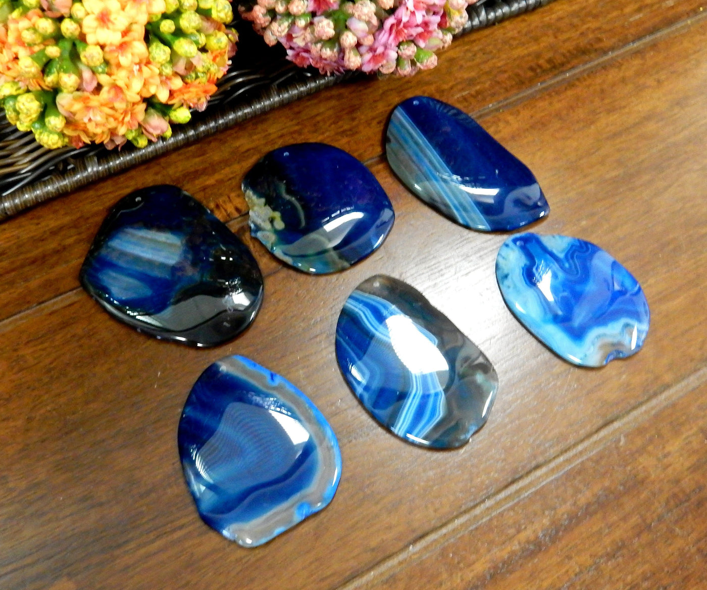 Side Angle 6 Blue FreeForm Agate Slices with Polished Edge on Wooden Background.