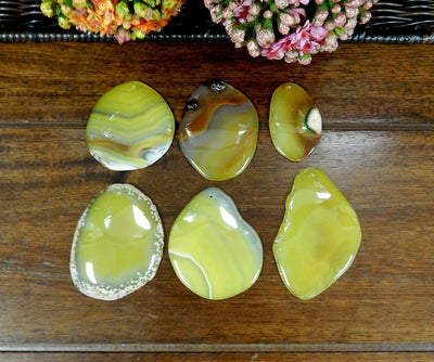 6 Yellow FreeForm Agate Slices with Polished Edge on Wooden Background.