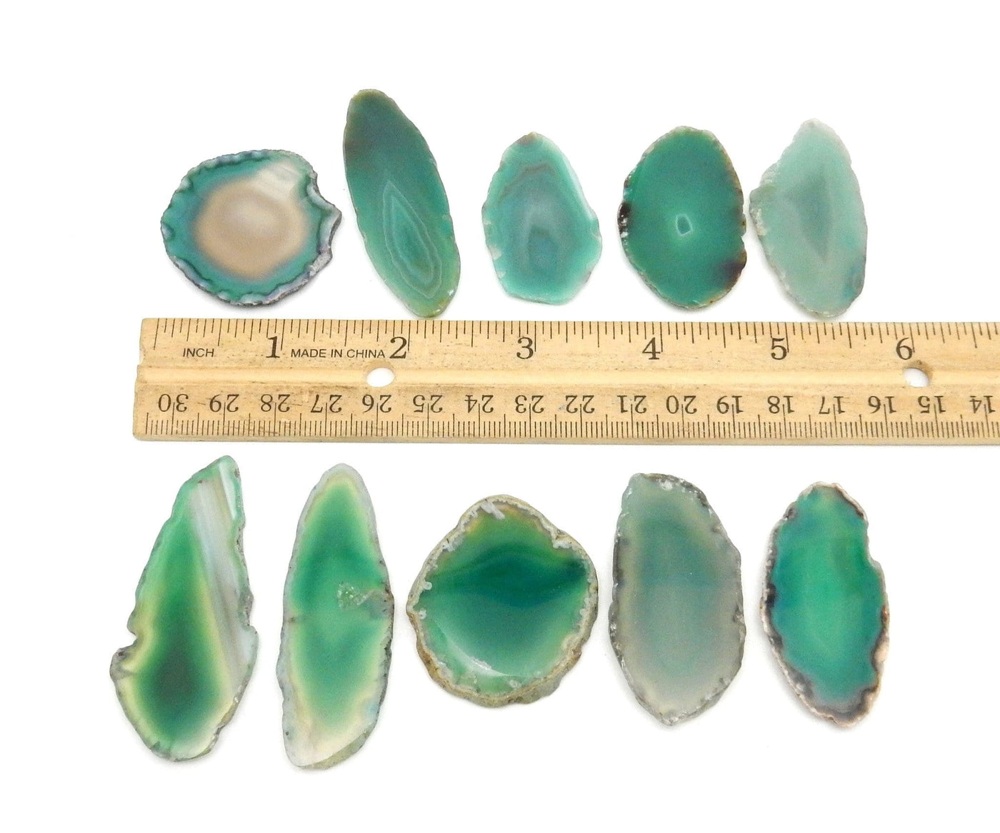 Agate Slices - Green Agate Slices - 2 rows of 5 by a ruler