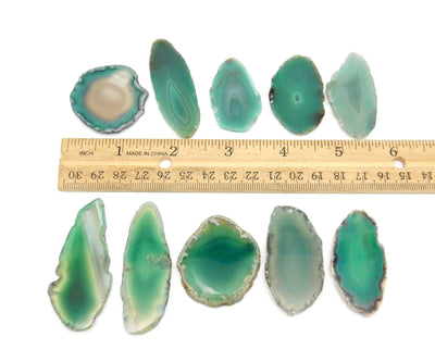 Agate Slices - Green Agate Slices - 2 rows of 5 by a ruler