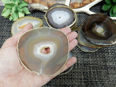 Natural Dark Agate Slices - held in a hand