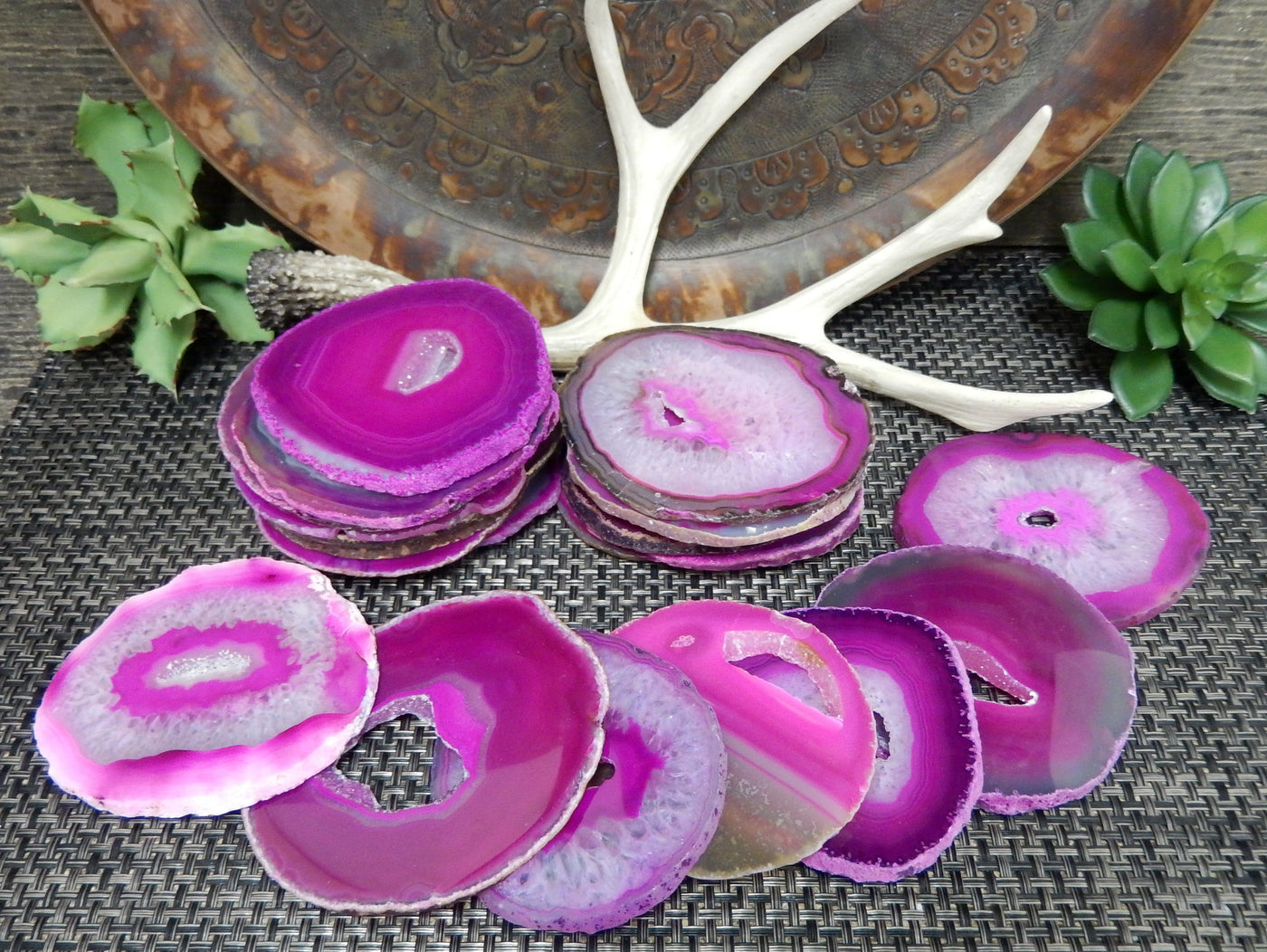 pink agate slices in a line