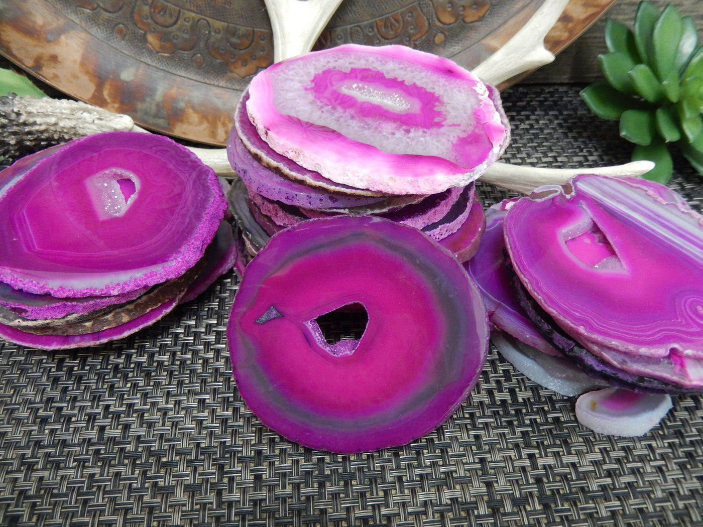 pink agate slices stacked together