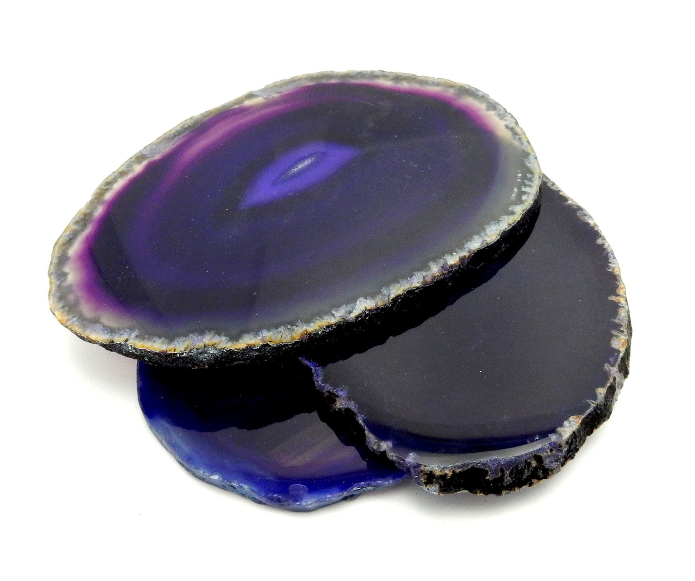Purple Agate Slices displayed side view to view thickness