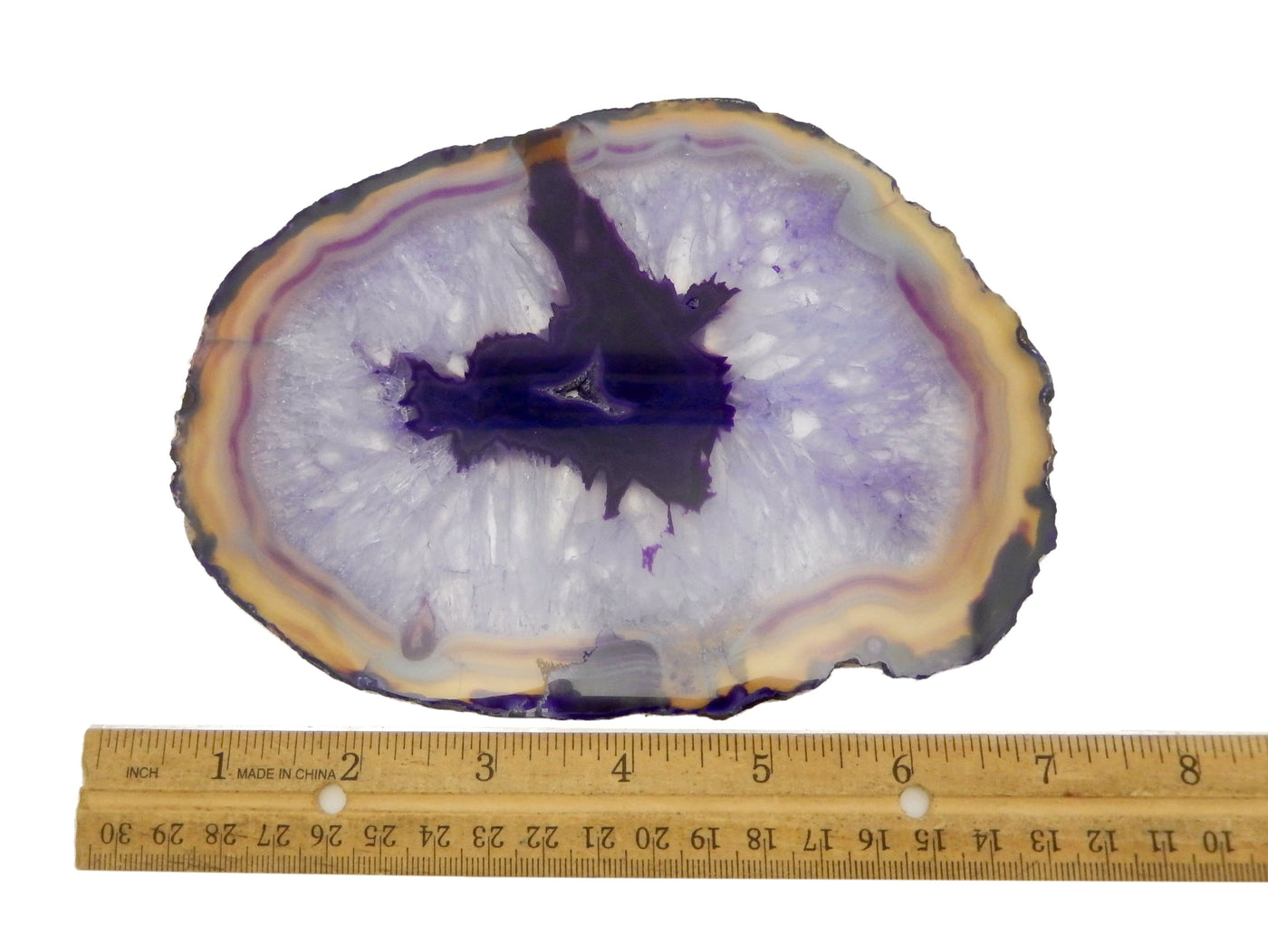 3 Purple Agate Slices #7 next to a ruler for size reference