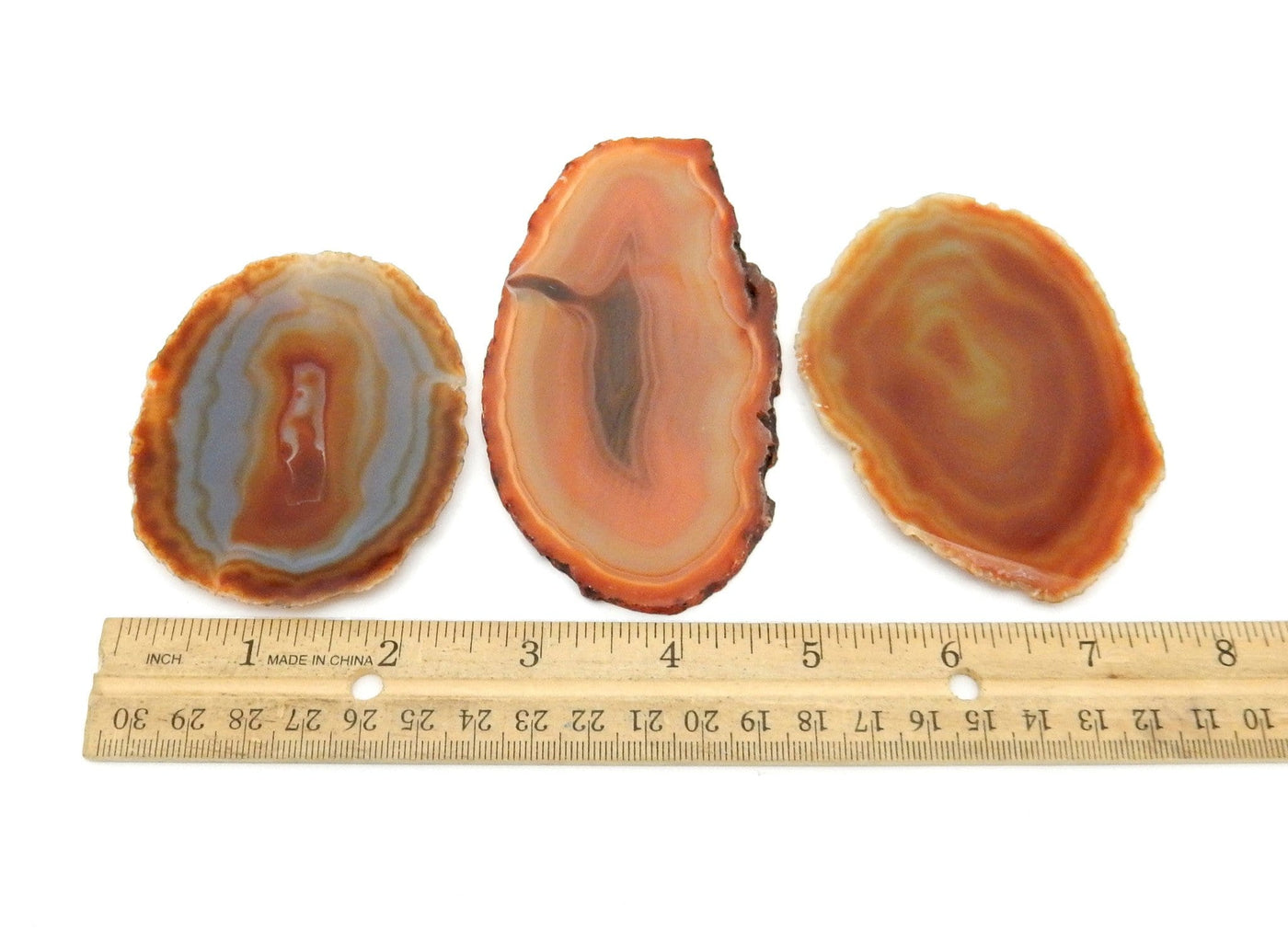 3 Red Agate Slices next to ruler for size reference