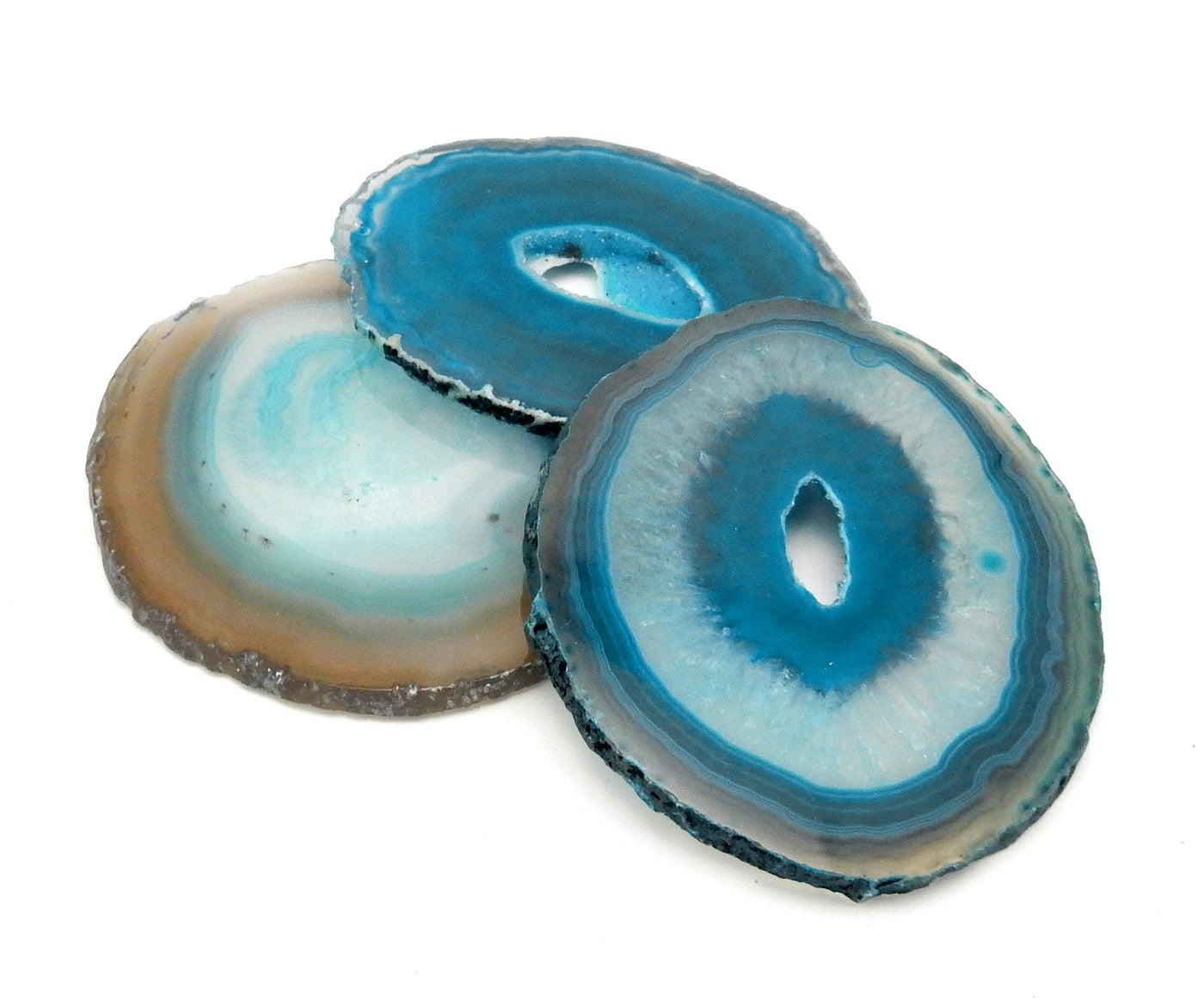 3 Teal Agate Slices in a size number three, two pieces with an open center 