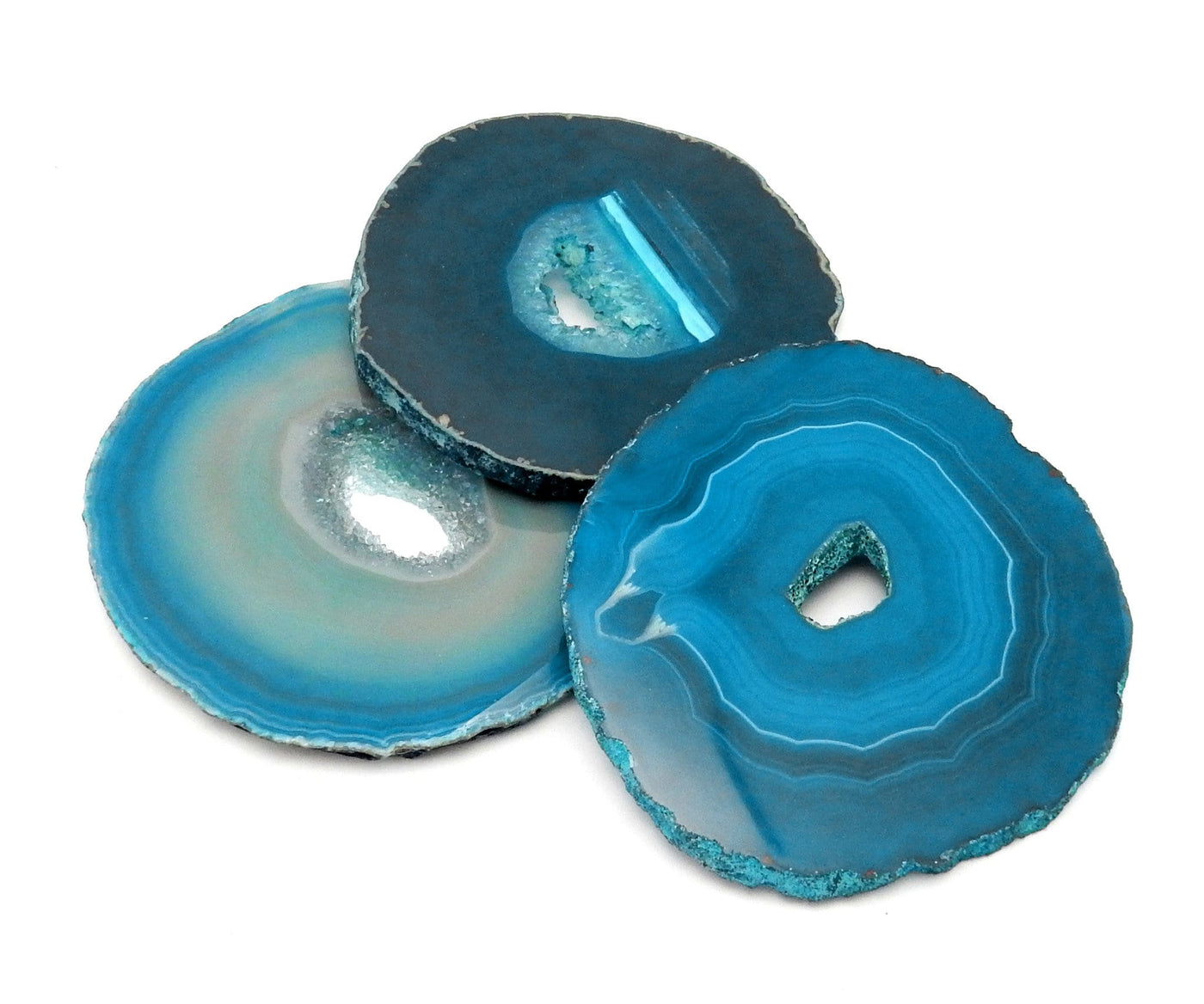 Teal Agate Slices in a size number four , pieces with an open center