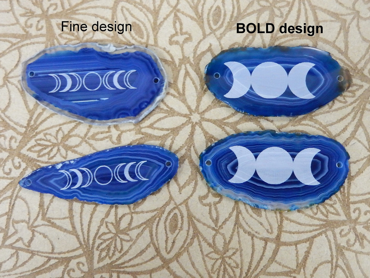 This Picture is showing the 2 styles we carry for our agate slices double drilled. Options: fine design and bold design.