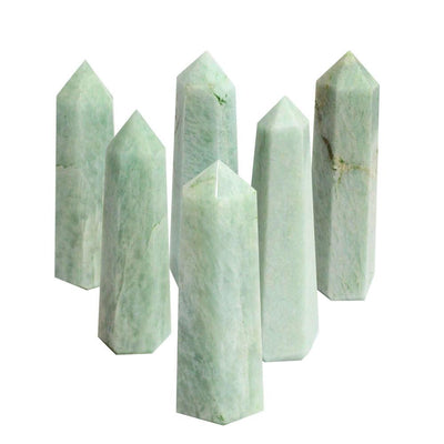Picture of six of our amazonite crystal towers being displayed on a white background.