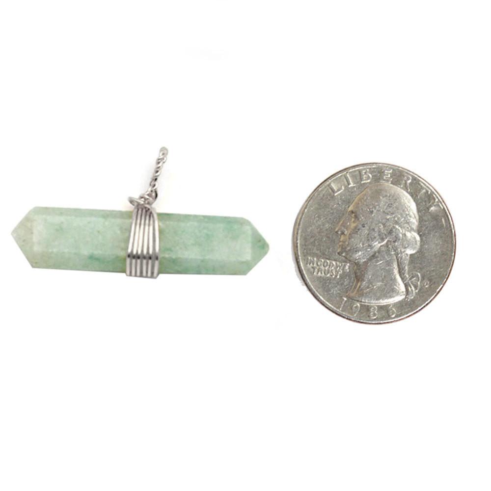 amazonite pendant silver next to a quarter for size reference.
