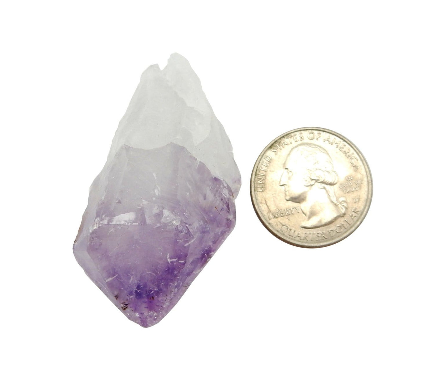 Single amethyst point displayed on a white background, next toa quarter for size reference. 