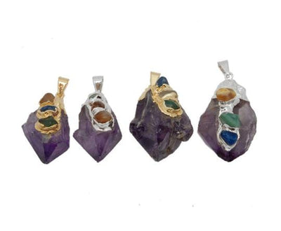 Amethyst Point Pendant with Gemstone, 2 gold/2 silver plated on display