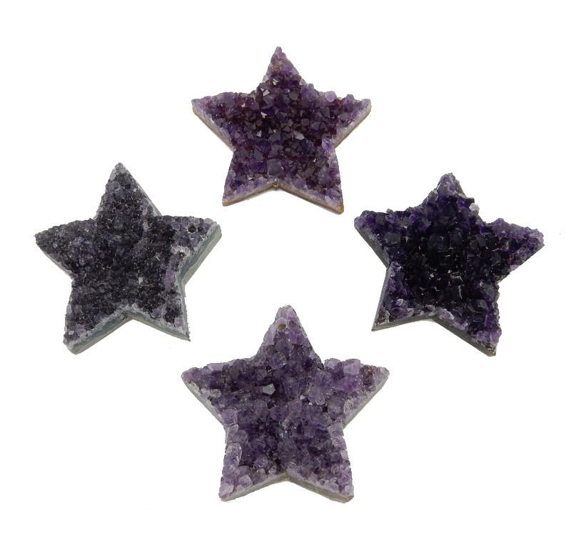 4 amethyst druzy stars on white background