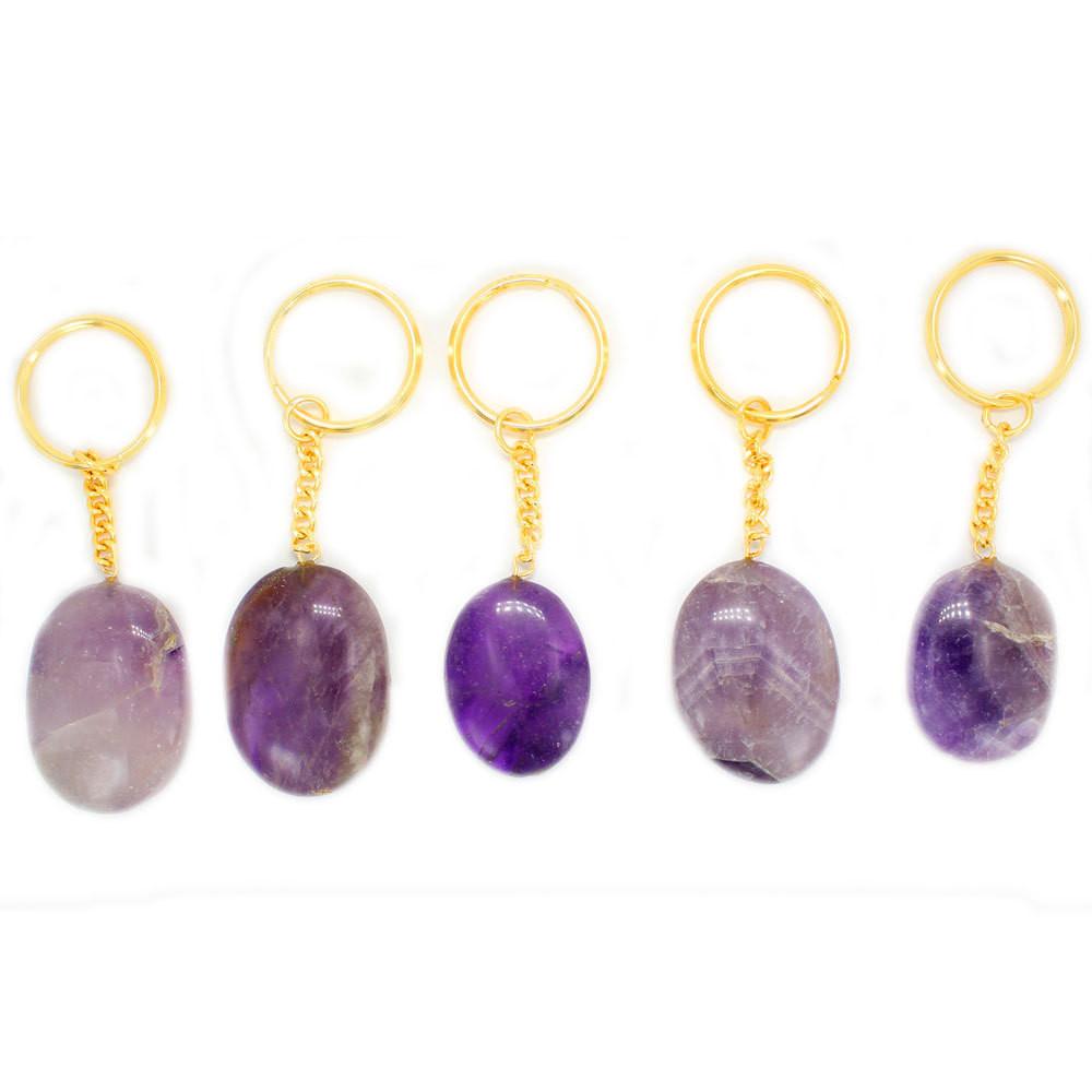 5 Amethyst Worry stone Keychains in gold tone