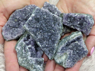 Close up picture into 6 amethyst clusters, showing their different sizes and colors in purple.  