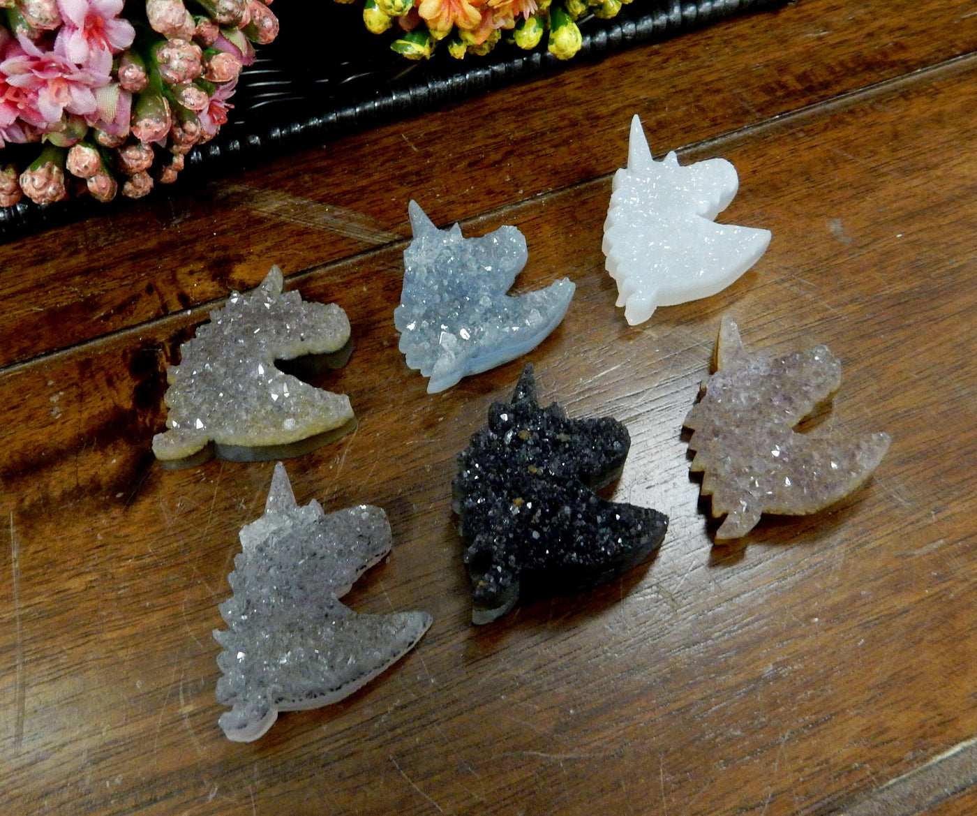 Natural Druzy Unicorn Shaped Cabochon Top Side Drilled Bead - six on a table